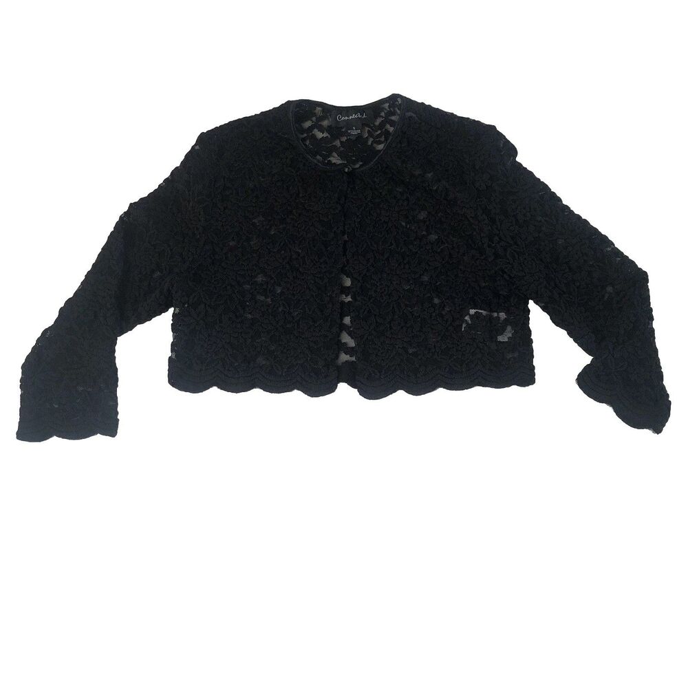 Connected Women's Black Lace Cropped Cardigan Shrug  Size Small Made In USA